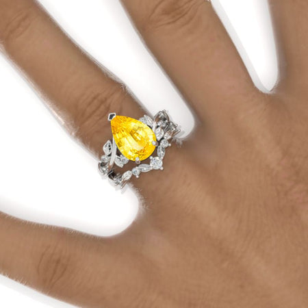 3 Carat Pear Yellow Sapphire Halo Floral Engagement Ring 14K White Gold Ring Set Model 922-11x7mm