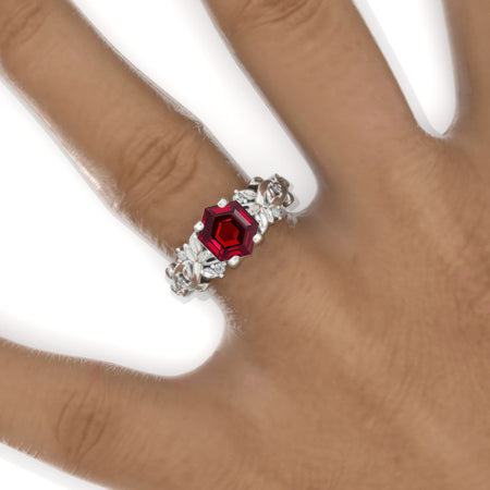 3 Carat Hexagon Ruby Floral 14K White Gold Engagement Ring