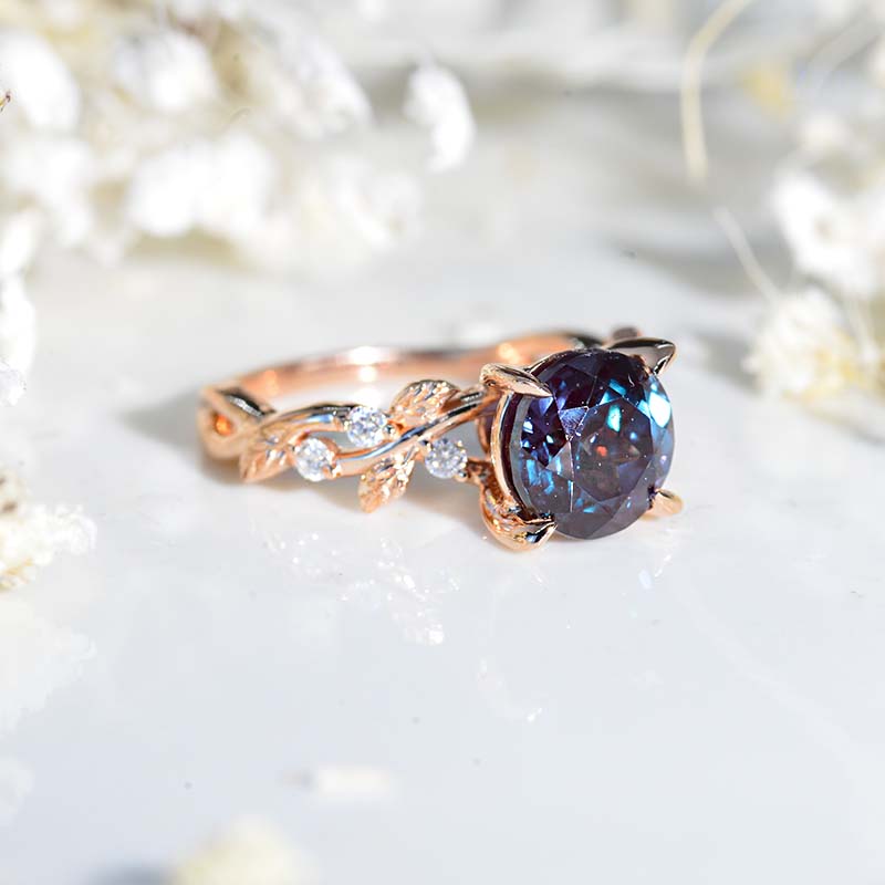 2 Carat Round Brilliant Cut Alexandrite Floral Rose Gold Engagement Ring