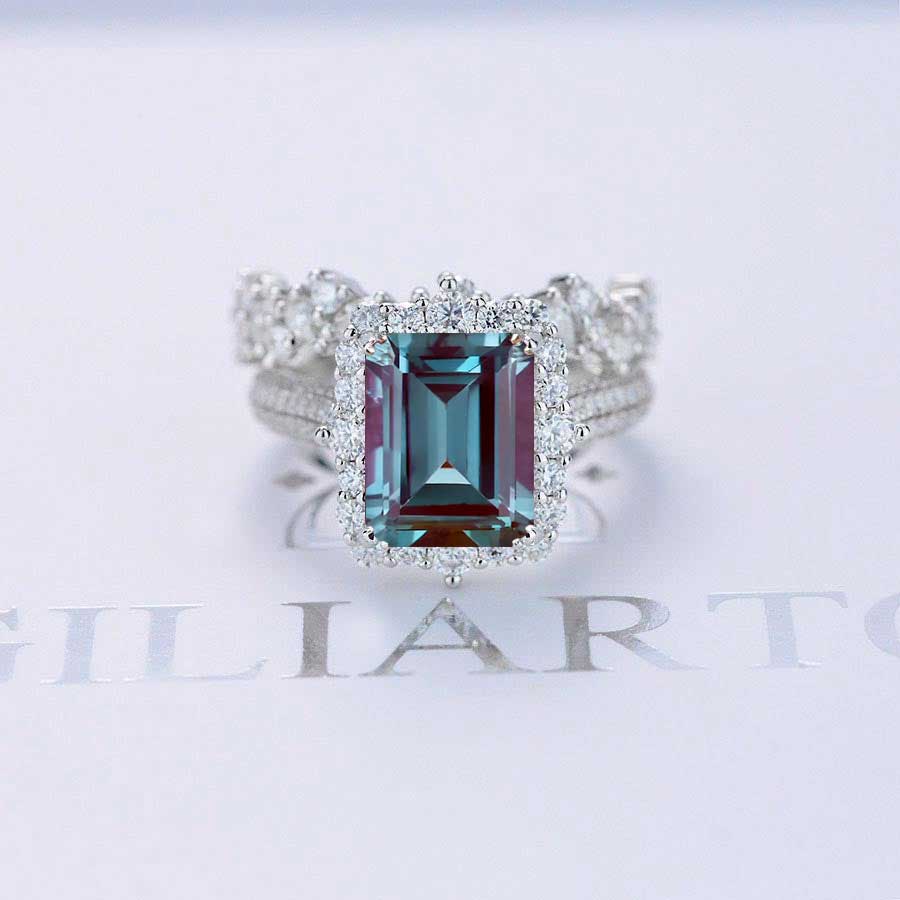 4Ct Alexandrite Engagement Ring Halo Emerald Cut Alexandrite Engagement Ring, 10x8mm Step Cut Alexandrite Engagement Ring with Eternity Band