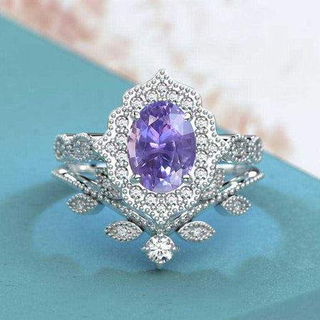 14K White Gold 1.9 Carat Oval Purple Sapphire Halo Engagement Ring Eternity Ring Set