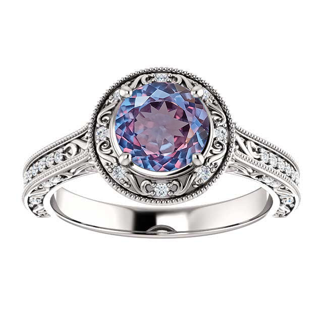 14K Gold 7mm Round Portuguese Cut Alexandrite  Engagement Ring