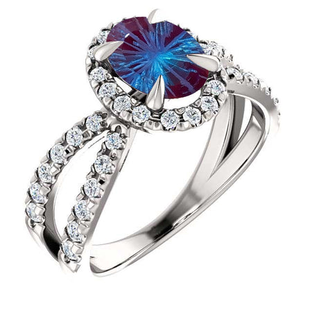 10K White Gold 1.25 Carat Oval Forever One Fireworks Cut Alexandrite Diamond Halo French-Set Engagement Ring