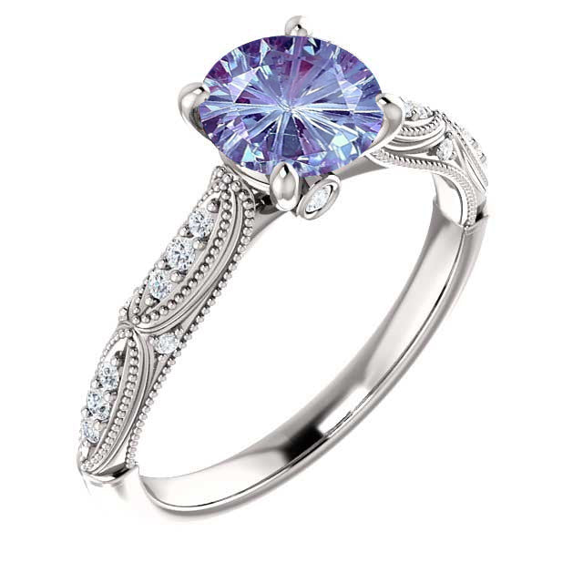 14K Gold 6.5 mm Round Forever One™ Fireworks Cut Alexandrite & 1/10 CTW Diamond Engagement Ring