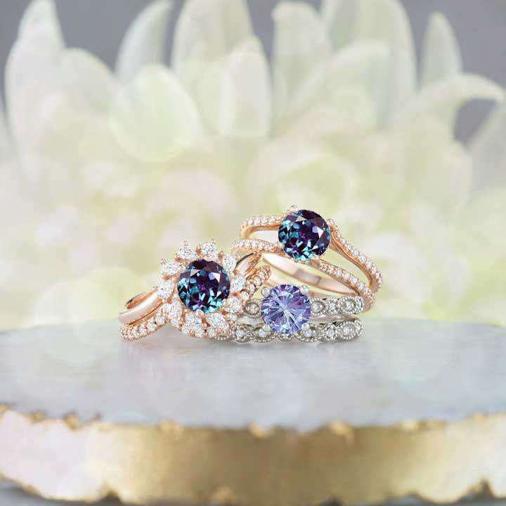 14K Gold  6.5 mm Round Fireworks Cut Alexandrite  .07 CTW Fireworks Cut Alexandrite Engagement Ring