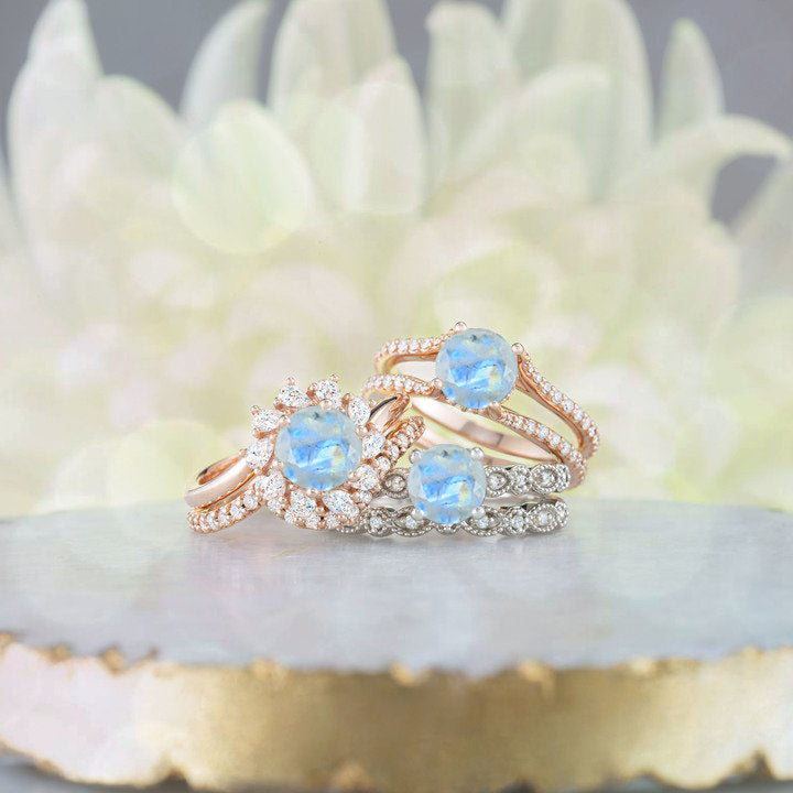 14K Gold 6.5mm Round  Genuine Genuine Moonstone .07 CTW Diamond Engagement Ring