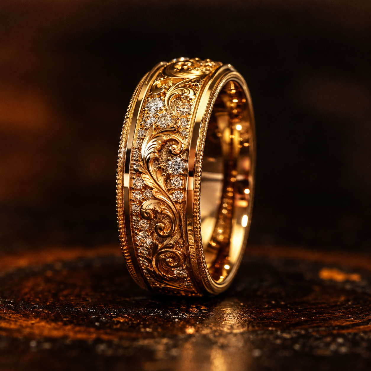8mm Wide 14K Solid Gold Lab Grown Diamond Wedding Band – Vintage Floral Filigree Ring, Ornate Anniversary Band