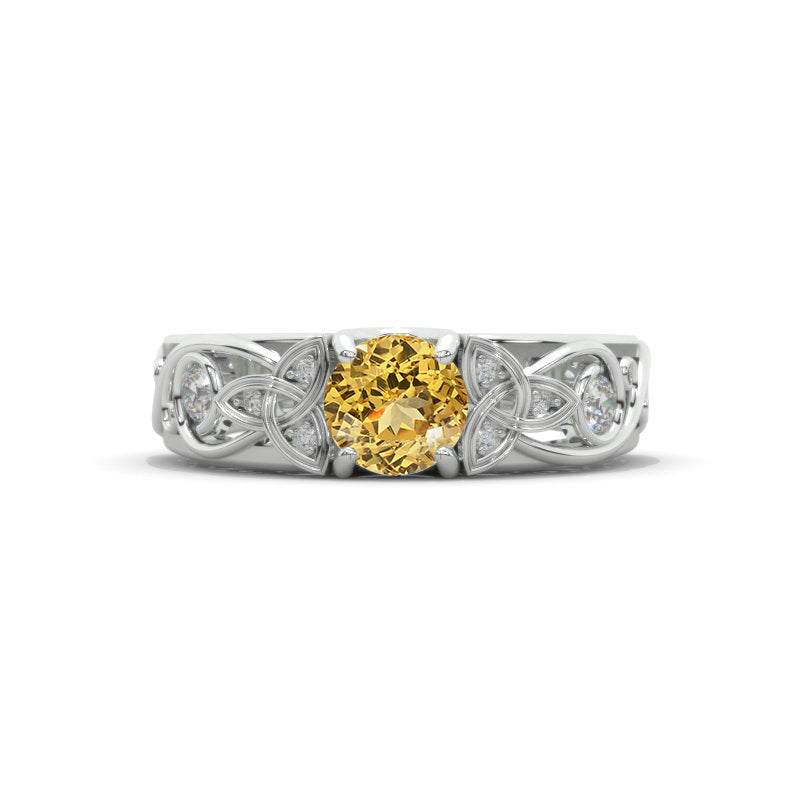 Genuine Yellow Citrine Celtic Engagement Ring 14K White Gold Model 25
