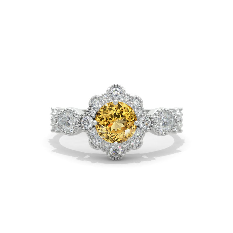 14K White Gold 1 Carat Round Genuine Yellow Citrine Halo Engagement Ring