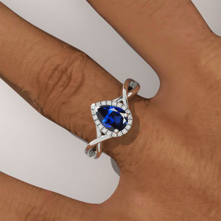 14K White Gold 0.8 Carat Pear Royal Blue Sapphire Halo Engagement Ring Model 156
