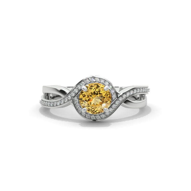 6mm Round 1 CTW Carat Genuine Yellow Citrine Halo Twisted Shank Engagement Ring Model 1035-6