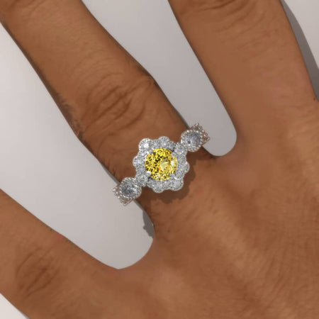 14K White Gold 1 Carat Round Yellow Sapphire Halo Engagement Ring