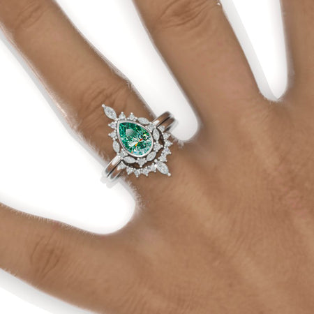 14K White Gold 1.9 Carat Pear Green Moissanite Halo Engagement Ring Eternity Ring Set Model 402