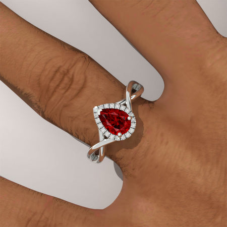 14K White Gold 0.8 Carat Pear Ruby Halo Engagement Ring