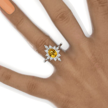 14K White Gold 1.5 Carat Oval Yellow Sapphire Halo Engagement Ring Model 403