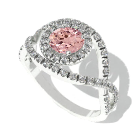 1.0 Carat Peach Sapphire Halo Engagement Ring 14K White Gold