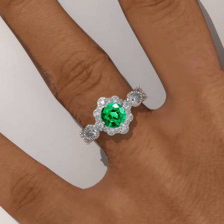 14K White Gold 1 Carat Round Emerald Halo Engagement Ring