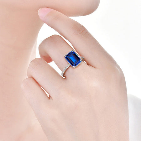 3.8 Carat Royal Blue Sapphire Emerald Cut Engagement Gold Ring