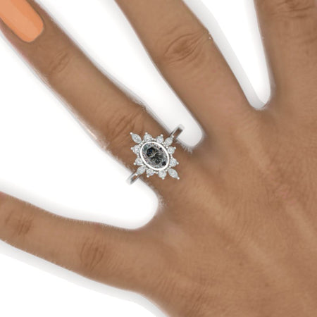 14K White Gold 1.5 Carat Oval Gray Moissanite Halo Engagement Ring