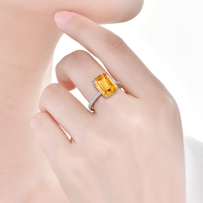 3.8 Carat Genuine Yellow Citrine Emerald Cut Engagement Gold Ring.