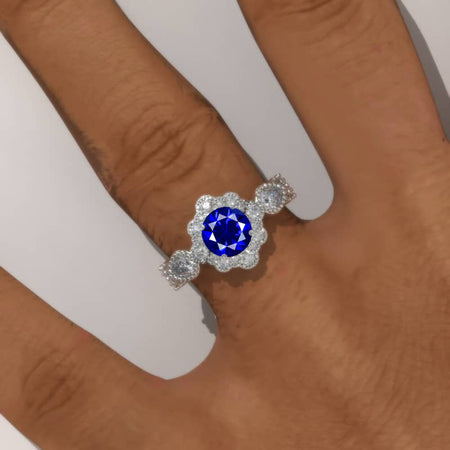 14K White Gold 1 Carat Round Royal Blue Sapphire Halo Engagement Ring