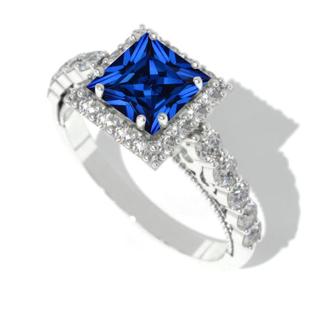 Princess Cut Royal Blue Sapphire Halo Engagement Ring