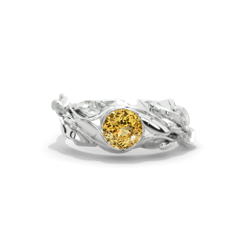 Genuine Yellow Citrine White Gold Floral Ring Model R4