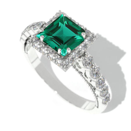 Princess Cut Emerald Halo Engagement Ring