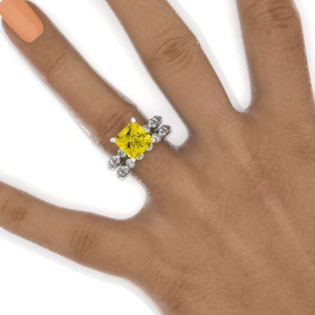 3.6 Carat Princess Cut Yellow Sapphire Engagement Ring 14K White Gold Model 155-8x8