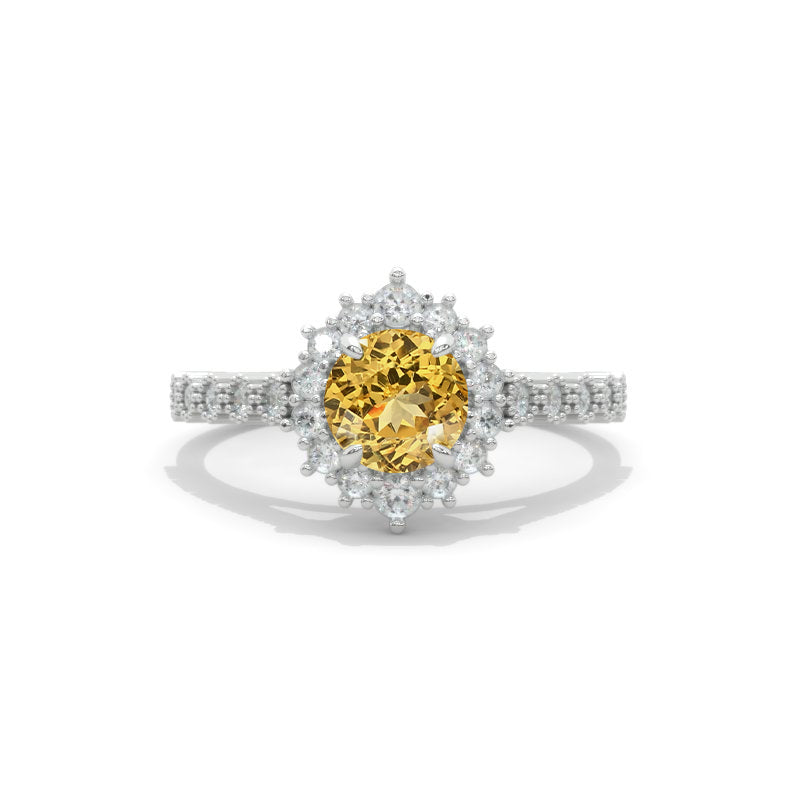 14K White Gold 1 Carat Round Genuine Yellow Citrine Halo Engagement Ring