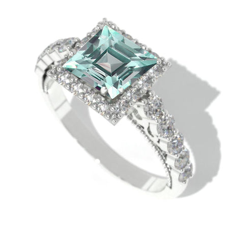 Princess Cut Mint Sapphire Halo Engagement Ring