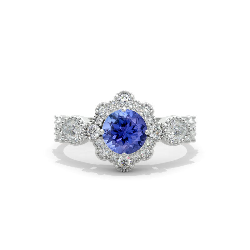 14K White Gold 1 Carat Round Natural Genuine Tanzanite Halo Engagement Ring