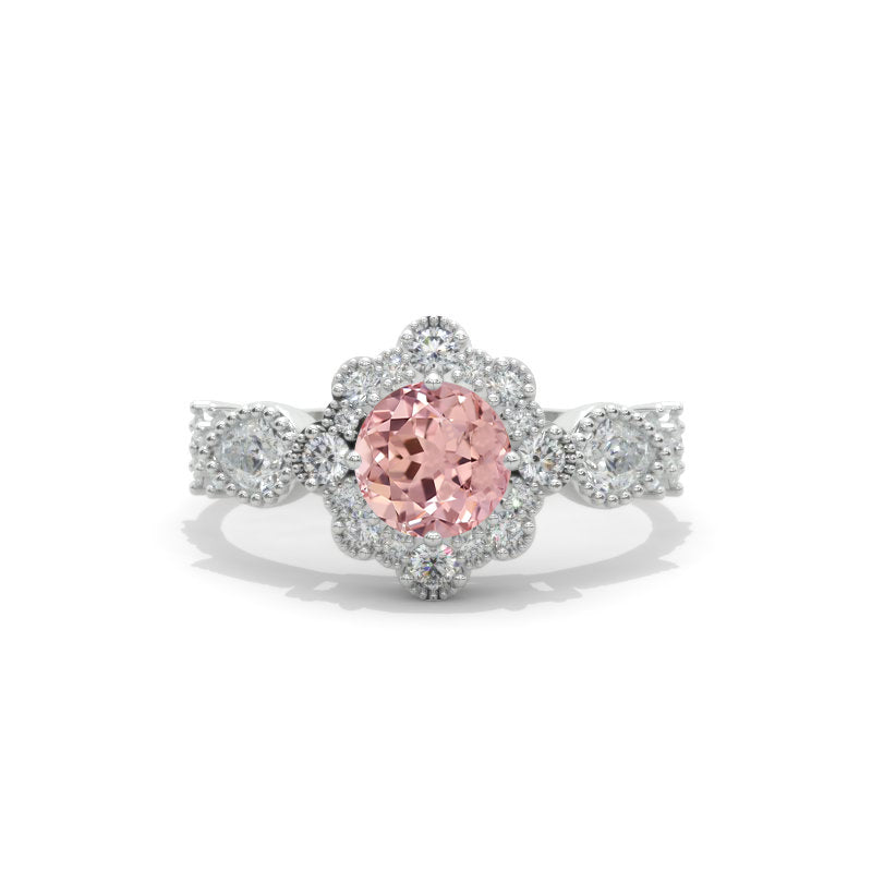 14K White Gold 1 Carat Round Peach Sapphire Halo Engagement Ring