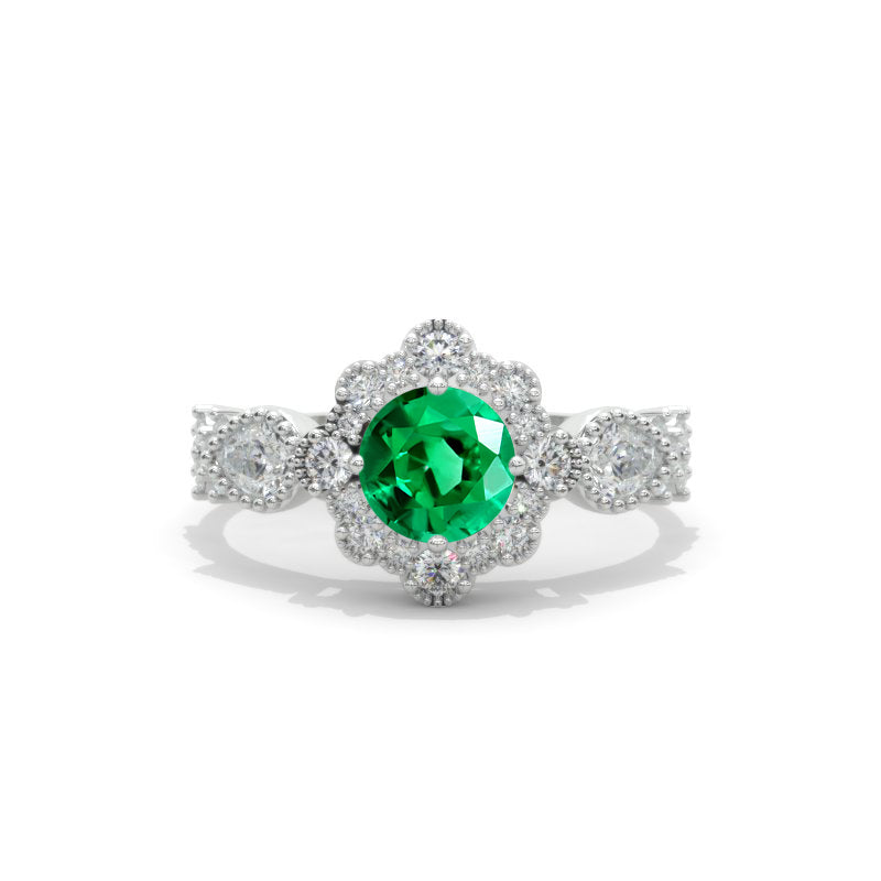 14K White Gold 1 Carat Round Emerald Halo Engagement Ring