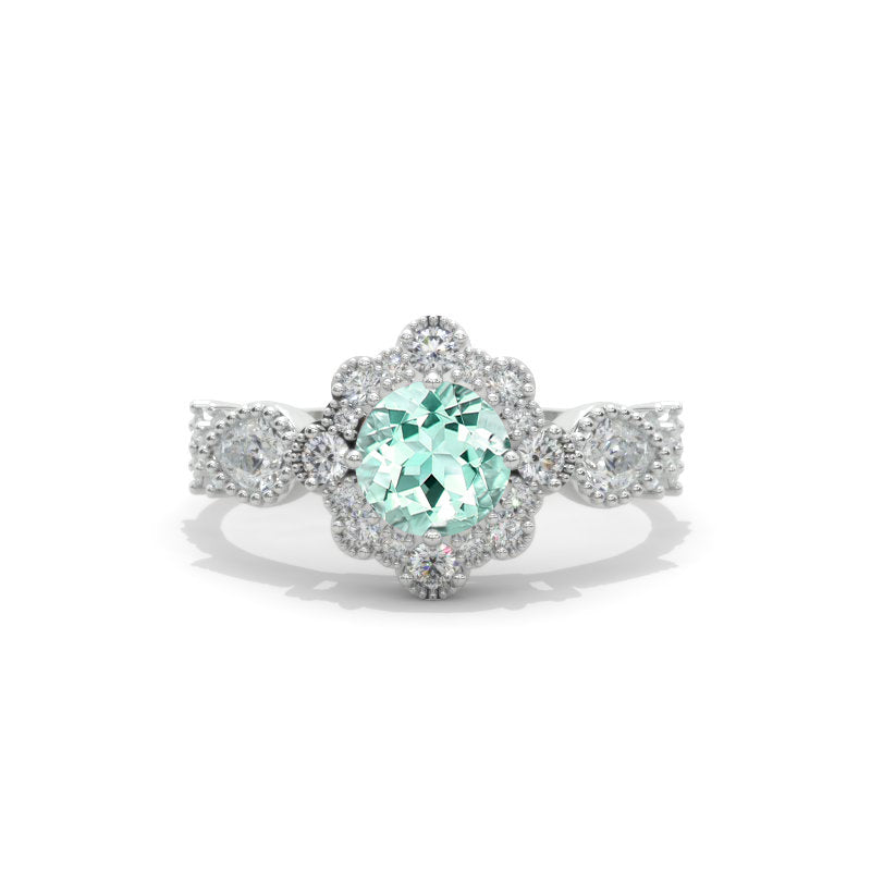 14K White Gold 1 Carat Round Mint Sapphire Halo Engagement Ring