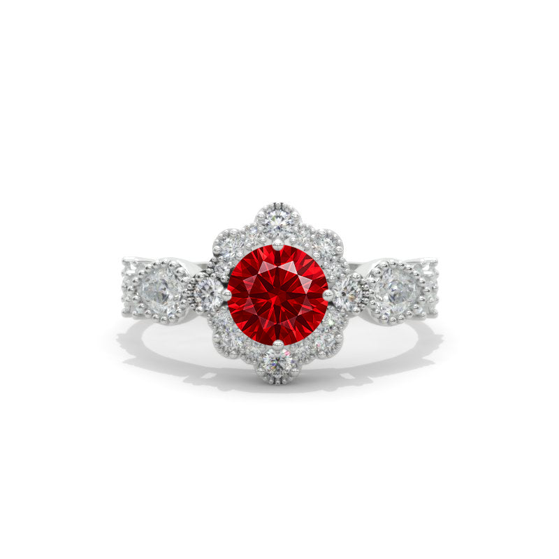 14K White Gold 1 Carat Round Ruby Halo Engagement Ring