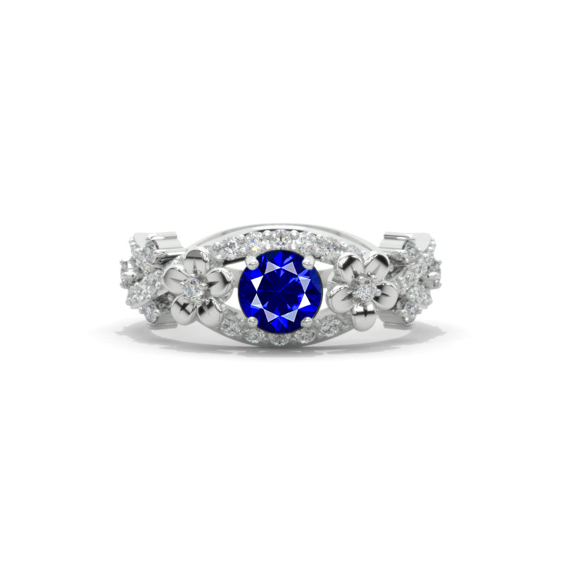 Royal Blue Sapphire Celtic Engagement Floral Ring 14K White Gold