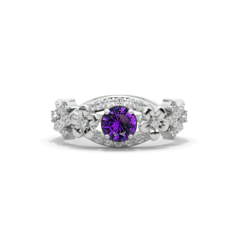 Natural Amethyst Celtic Engagement Floral Ring 14K White Gold