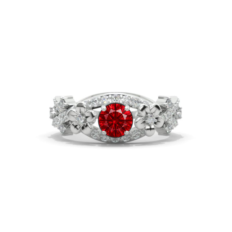 Ruby Celtic Engagement Floral Ring 14K White Gold