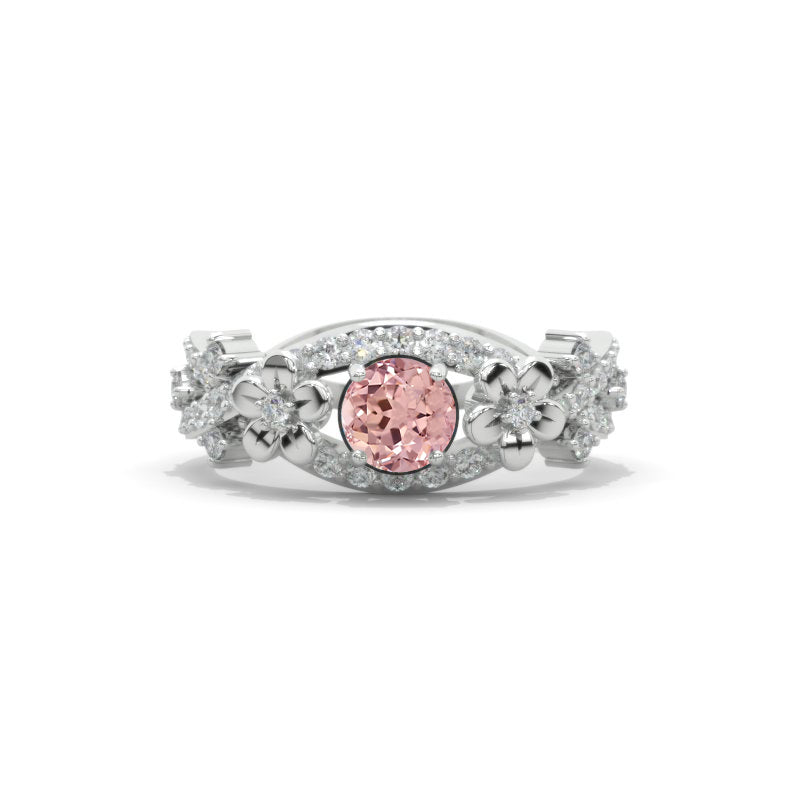 Peach Sapphire Celtic Engagement Floral Ring 14K White Gold