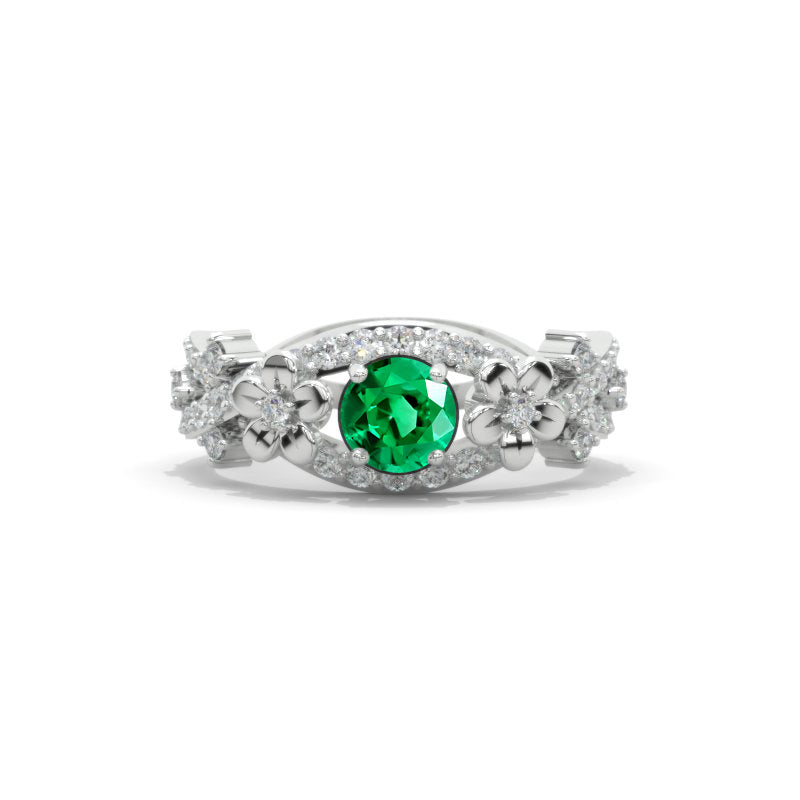 Emerald Celtic Engagement Floral Ring 14K White Gold
