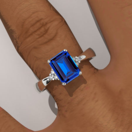 3.5 Carat Royal Blue Sapphire Emerald Cut Engagement Gold Ring
