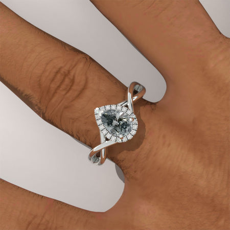 14K White Gold 0.8 Carat Pear Gray Moissanite Halo Engagement Ring