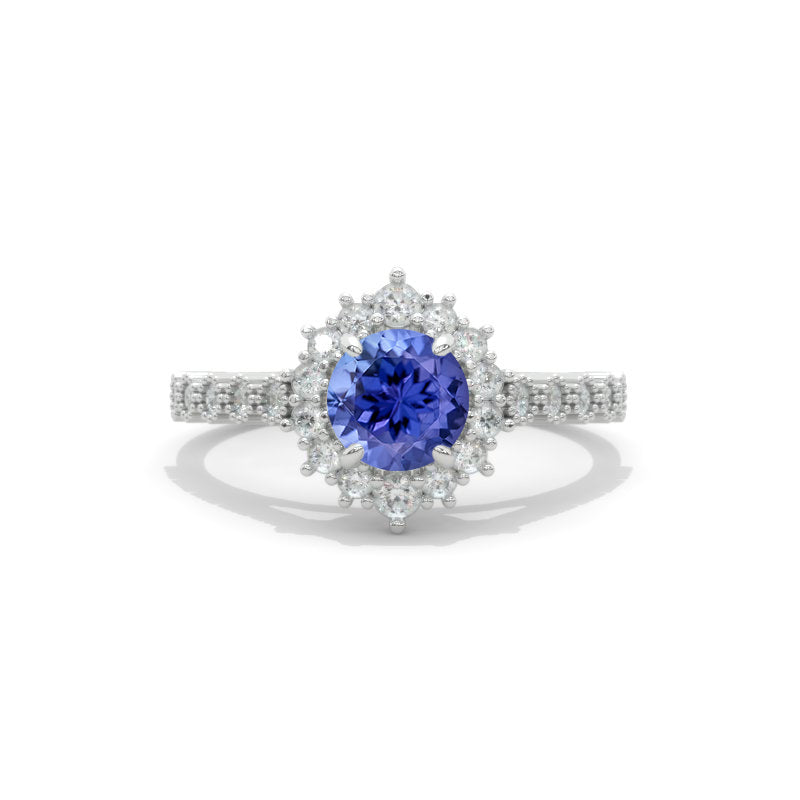 14K White Gold 1 Carat Round Natural Genuine Tanzanite Halo Engagement Ring
