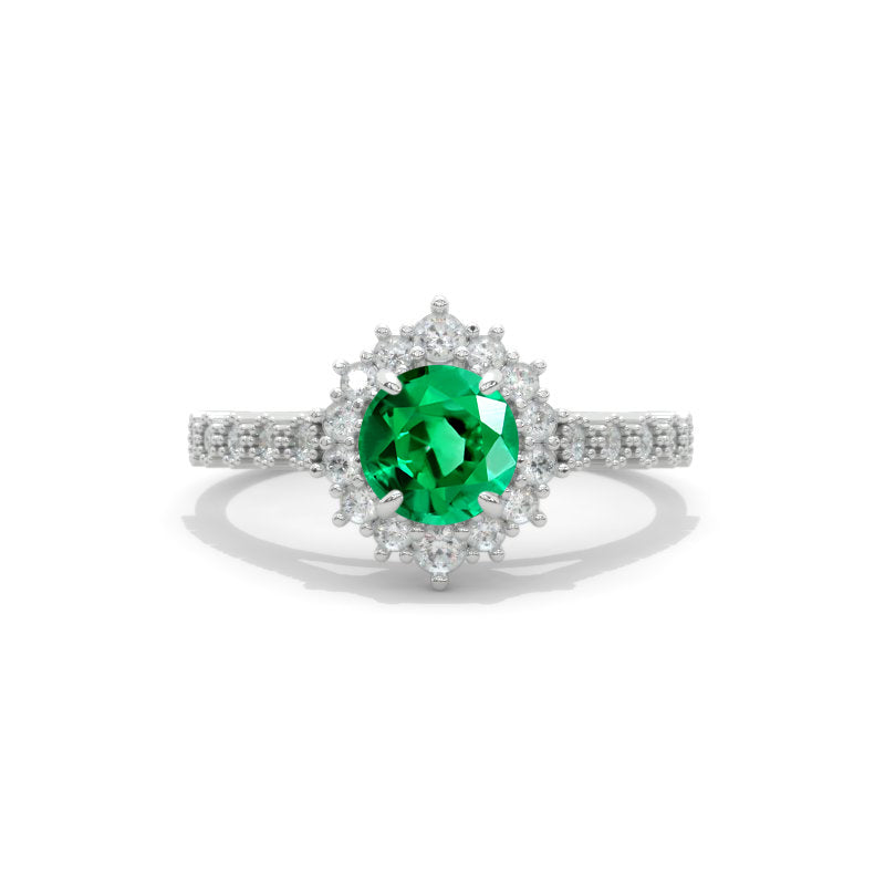 14K White Gold 1 Carat Round Emerald Halo Engagement Ring