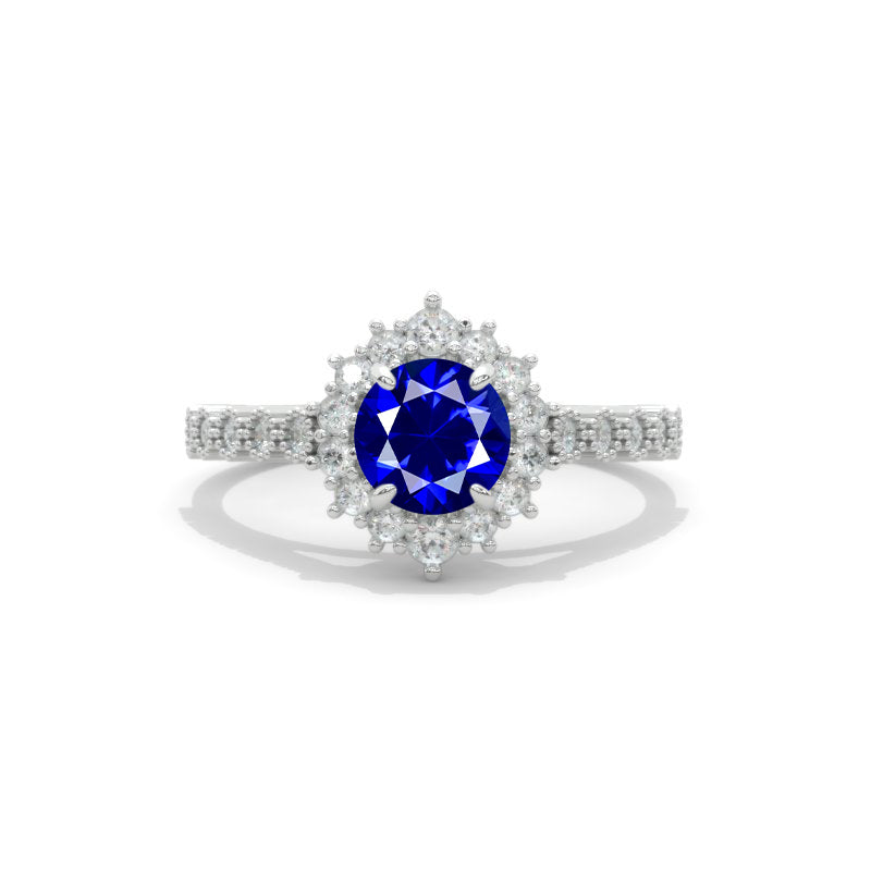 14K White Gold 1 Carat Round Royal Blue Sapphire Halo Engagement Ring