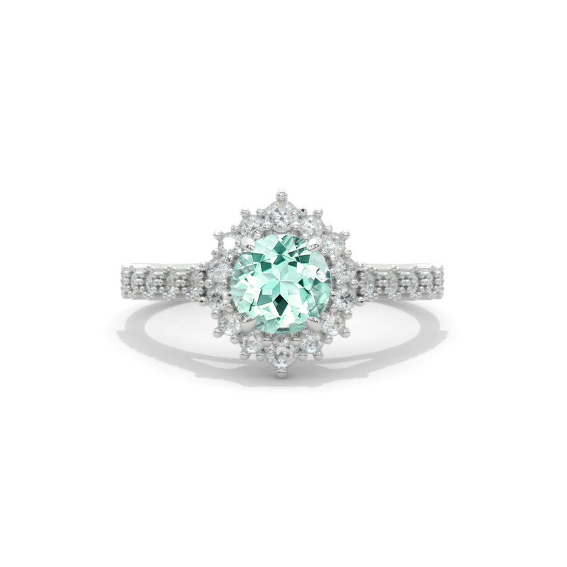 14K White Gold 1 Carat Round Mint Sapphire Halo Engagement Ring