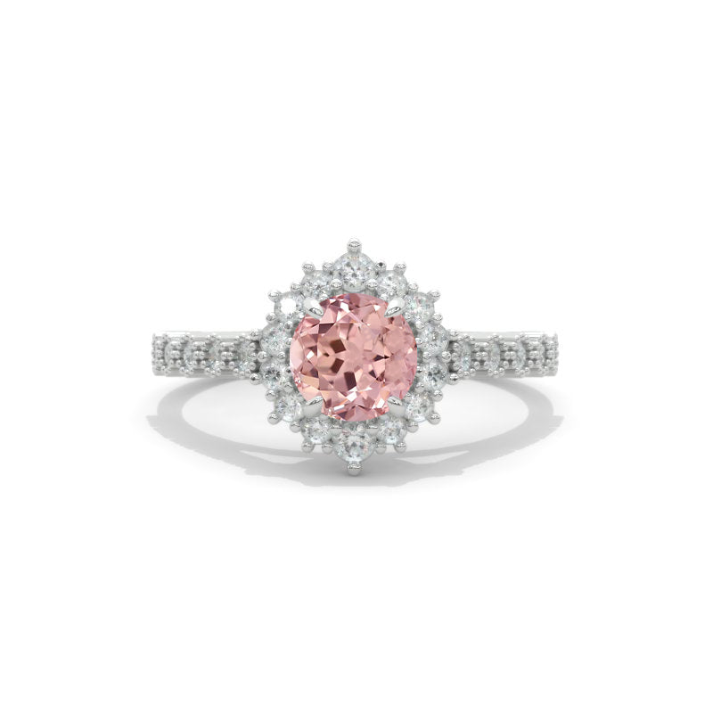 14K White Gold 1 Carat Round Peach Sapphire Halo Engagement Ring