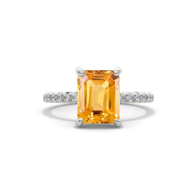3.8 Carat Genuine Yellow Citrine Emerald Cut Engagement Gold Ring.