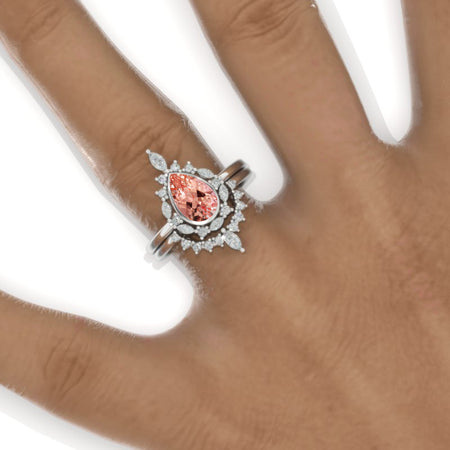 14K White Gold 1.9 Carat Pear Peach Sapphire Halo Engagement Ring Eternity Ring Set Model 402